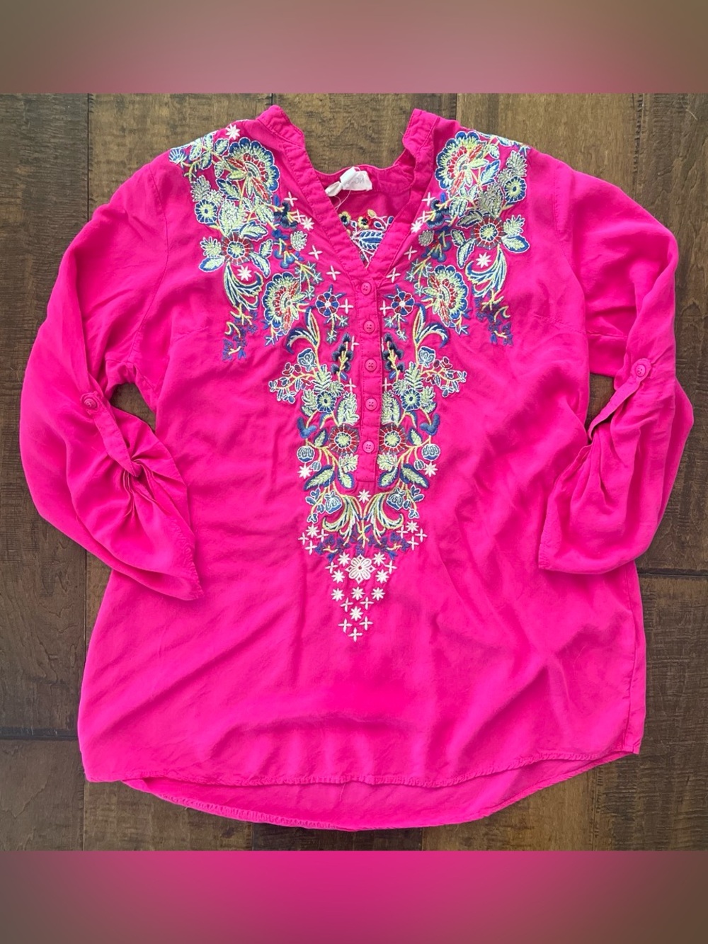 Luna Moon hot pink embroidered floral bohemian peasant tunic top Sz Medium